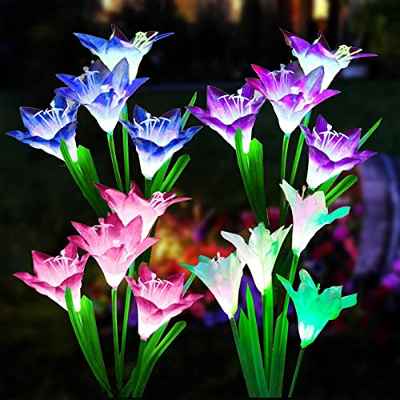 Lámpara solar de jardín, 4 unidades de lámparas solares de jardín para exterior 16 cabezas de lirios flores, Luces impermeables para jardín, terraza,Navidad (azul & lila & rojo & blanco)
