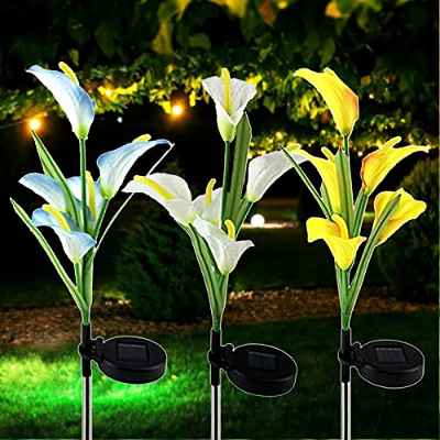 Lámparas Solares Flores, Ovker 3 PCS Luces Decorativas Calla Lirio Solares, Luz Solar Exterior Jardín con 15 LED Calla Lirio Decoración para Jardín Camino Navideña(Azul amarillo blanco)