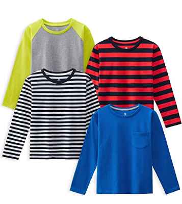 LAPASA Camiseta Manga Larga Niño (4 Packs) 100% Algodón Hipoalergénicas Shirt Cuello Redondo Suave Invierno B13 13 años Gris y Amarillo + Raya Azul Marino y Rojo + Raya Blanca y Azul Marino + Azul