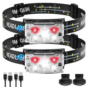 Linterna Frontal LED (2 Pack) Recargable USB, Impermeable Linterna Cabeza Con Sensor de Movimiento