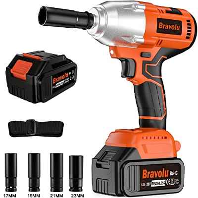 Llave de Impacto, Bravolu 21V Brushless Pistola de Impacto Bateria, 700Nm Atornillador Impacto con 4,0 Ah Batería, 1/2 pulgada, con 4 tomas de impacto