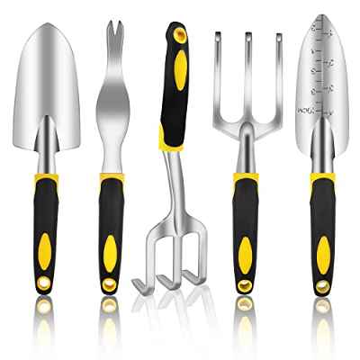 Mengxin 5 Piezas Set Herramientas Jardin Juego Herramientas de Jardineria de Aluminio con Rastrillo de Mano, Paleta, Trasplantadora, Cultivadora, Desyerbadora
