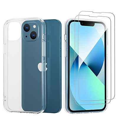 NEW'C Funda para iPhone 13 Mini (5.4") Carcasa silicona transparente alta y 2x protector de pantalla para iPhone 13 Mini (5.4") Cristal templado - Antiarañazos