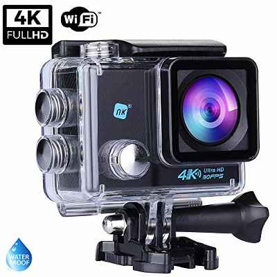 NK Grave Cámara Deportiva subacuática 4K (Ultra-Alta Definición) HD 16MP, WiFi - HDMI, Carcasa Impermeable 30M, 170º Gran Angular, Sensor Ultra-Avanzado Toshiba, 900mAh (15 Accesorios Múltiples)