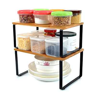 Organizador Armarios Cocina, Juego Apilable de 2 Estantes para Especias,Estante de Almacenamiento Expandible Especias Organizador,Metal y bambú-Negro