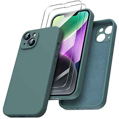 ORNARTO Funda Compatible con iPhone 14 6,1", con 2 x Protector Pantalla Silicona Liquida Gel Ruber Carcasa Protección Completa a Prueba de Golpes Funda Pino Verde