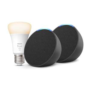 Pack de 2 Echo Pop | Antracita, + Philips Hue White Bombilla Inteligente (E27), compatible con Alexa - Kit de inicio de Hogar digital