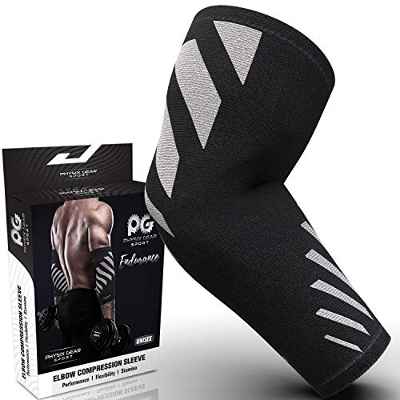 Physix Gear Sport Coderas deportivas de neopreno, las mejores coderas epicondilitis para hombre y mujer, coderas para tendinitis, codo golfista y codo tenista, Soltero, L, gris/negro