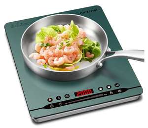 Placa inducción portatil 2000W silenciosa, 9 niveles potencia y temperatura, cuerpo ultrafino, bloqueo de seguridad, verde