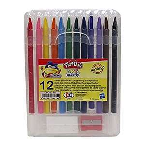 Play Doh, 12 Ceras Plásticas con Goma y Sacapuntas en Caja, Material Escolar para Colorear, CyP Brands
