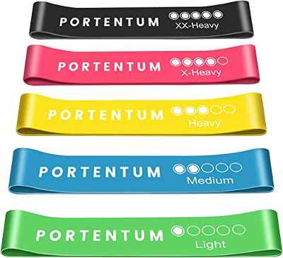 PORTENTUM Bandas elasticas musculacion, Set de 5 Gomas elasticas Fitness. Cómodo y Duradero látex Bolsa Almacenamiento para Las Cintas elasticas musculacion.