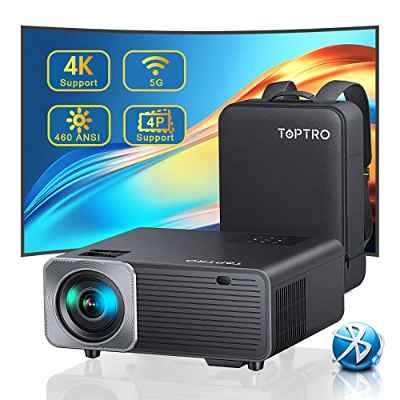 Proyector 4K Soporte, 460ANSI TOPTRO Proyector 5G WiFi Bluetooth Full HD 1080P Nativo, Proyector Portatil Soporte Corrección 4P/4D, Zoom,Cine en Casa para TV Stick iOS Android PS5 HDMI,USB etc.