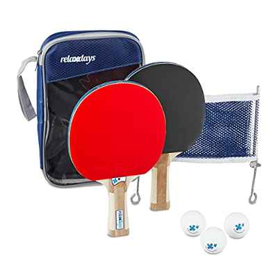 Relaxdays Set Ping Pong con Red, 2 Palas Tenis de Mesa y 3 Bolas de pimpón, Conjunto Pelotas y Paletas con Bolsa, Azul, Unisex-Youth, Negro-Rojo, 1 Pieza
