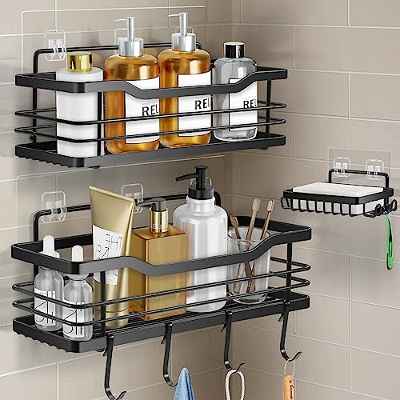 Ruhetfam Estanteria Baño Estanteria Ducha, Organizador Baño de Acero Inoxidable, Adhesivo Estantería Baño Estante Ducha, Estanteria Baño sin Taladro, Negro Jabonera Ducha Accesorios Baño Con Jabonera