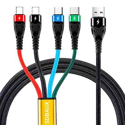SDBAUX 3A/1.2M 4 en 1 Multi Cable, Retráctil Cable Cargador Carga Rápida con 2 iP/Tipo C/Micro USB para Tablet, Samsung Galaxy S20 S10, Google Pixel 4XL, LG G8, HTC Huawei P50,PS5 (Cobrar Sólo)