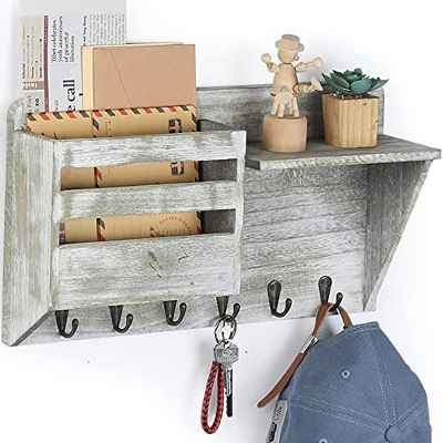 Shinoske Colgador Llaves, Revistero Pared Madera Cuelga Llaves con Estante, Organizador Llaves con 6 Ganchos para Llaves, Cartas, periódicos
