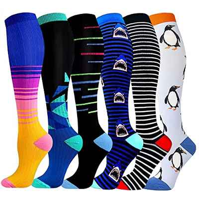 SHYL~JIER Calcetines de compresión para mujeres y hombres de 20 a 25 mmHg mejor para médicos, enfermería, fitness, edema, venas varicosas, viajes, embarazo (L-XL, 6 Pares Patrón mixto)