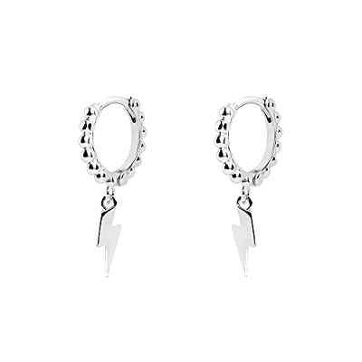 SINGULARU - Pendientes Aro Pebbles Rayo Plata - Pendientes en Plata de Ley 925 con Acabado Baño de Rodio - Pendientes de Aro con Cierre Congo - Joyas para Mujer