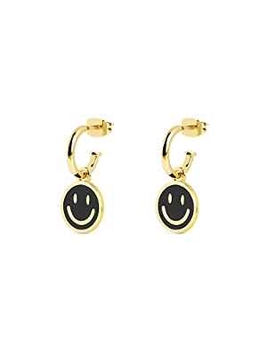 SINGULARU - Pendientes Aro Smiley Black Enamel Oro - Pendientes en Latón con Acabado Baño de Oro de 18 Kt. - Pendientes Cierre Tuerca a Presión - Joyas para Mujer
