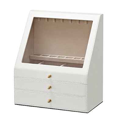 SONGMICS Caja Joyero, Caja para Joyas de 3 Niveles, Ventana de Cristal Inclinada, 2 Cajones, Estilo Moderno, Exhibición en Escaparate, Blanco Nube JBC163W01