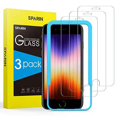 SPARIN 3 Pack Protector de Pantalla Compatible con iPhone SE 3 2022, iPhone SE 2020, iPhone 8, iPhone 7 y iPhone 6s, Sin Cobertura Toda, Cristal Templado con Marco de Alineación