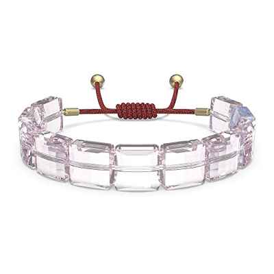 Swarovski Pulsera de Cristal Rosa Para Mujer, Cristales de Talla Cuadrada con Cordón de Algodón Encerado Ajustable y Baño de Rodio, de la Colección Letra