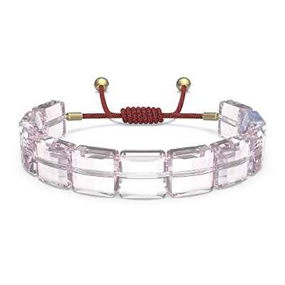 Swarovski Pulsera de Cristal Rosa Para Mujer, Cristales de Talla Cuadrada con Cordón de Algodón Encerado Ajustable y Baño de Rodio, de la Colección Letra