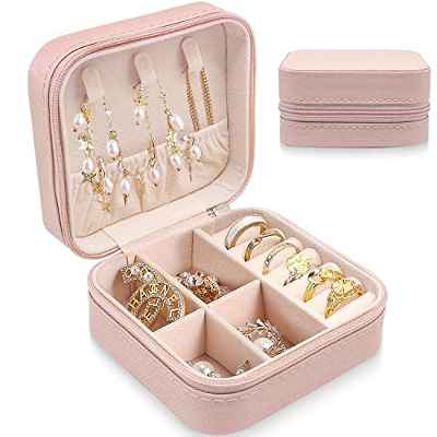 TATAFUN Joyero pequeña, Portátil joyero viaje cajas para joyas, Jewelry organizer para mujer, Caja joyero accesorios para anillos, Aretes, pendientes, pulseras y collares (rosado)