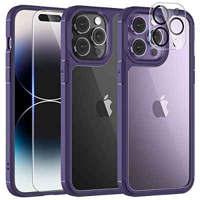 TAURI [5 in 1 Funda iPhone 14 Pro,[ Anti-Choque Delgada][Nunca Amarillo][Protección Militar ] Carcasa Protectora anticaída，con 2 Protector Pantalla + 2 Protector de Lente de Cámara-Púrpura