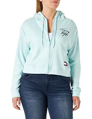 Tommy Hilfiger Cropped Zip Hoodie Camiseta de Pijama, Aqua Glow, L para Mujer
