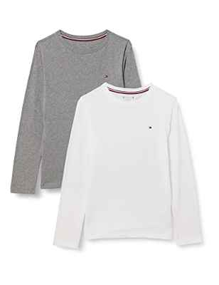 Tommy Hilfiger Cuello Redondo Camiseta de Manga Larga, White/Medium Grey Htr, 10-12 Años para Niños
