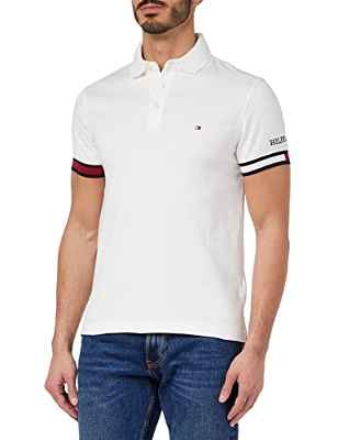 Tommy Hilfiger Logotipo de la Bandera de Manga Ajustada Polos S/S, White, L para Hombre