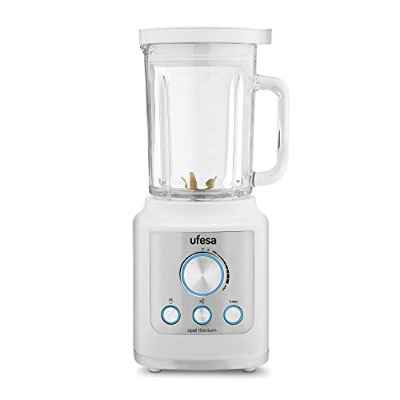 Ufesa BS4950 Batidora de Vaso, 2100 W, Jarra de Cristal de 1.8L, Control Electrónico LED de Velocidad, 3 Funciones, Turbo, Hielo, Smoothies, 6 Cuchillas de Titanio, Libre de BPA, Inox Blanco