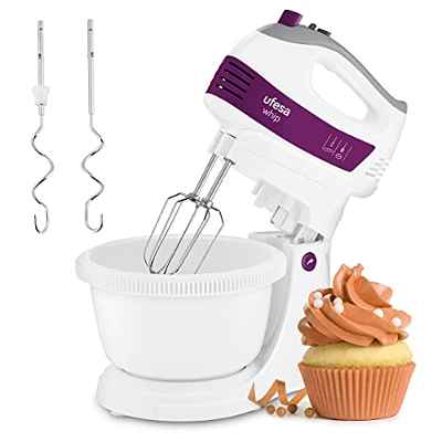 Ufesa BV4655 Batidora Amasadora con Bol Giratorio, 400W, 5 velocidades + Turbo, Tecla Expulsión Accesorios, 2 Varillas Amasadoras, 2 Varillas Batidoras, Diseño Ergonómico con Agarre de Tacto Suave