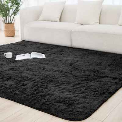 Vamcheer Alfombra de Pelo Largo - alfombras para Salón y Dormitorio, Lavables y Antideslizante, Alfombra esponjosa para habitacion Negro 120x180