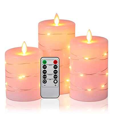 Velas LED visión de 360 ​​grados, paquete de 3 velas LED de cadena de hadas, con control remoto de 10 teclas, función de temporizador de 24 horas, llama danzante(Rosa).