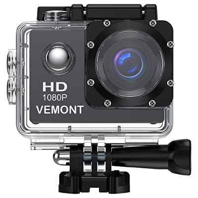 VEMONT Cámara Deportiva 1080P HD Impermeable 30M Pantalla de 2.0 Lente de Gran Angular de 120 Grados Multiples Accesorios para Deportes y Actividades, Buceo, Nadar, Correr, Ciclismo, etc.