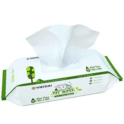 VIETDAI Toallitas Higiene Perro y Gato 80 Piezas Toallitas Húmedas de Limpieza para Mascotas para Patas Hocico Orejas Cuerpo Culo y Pelo, Toallitas Desodorantes para Conejos con Aloe Vera
