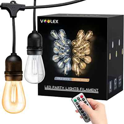 Voolex Guirnalda Luces Exterior LED, 15.7M Guirnaldas Luminosas Cadena Bombilla, con Control Remoto Regulable 11 Modos Blanco Cálido y Blanco Frío, Para Jardín Patio Partido Decoración, 15 Bombillas