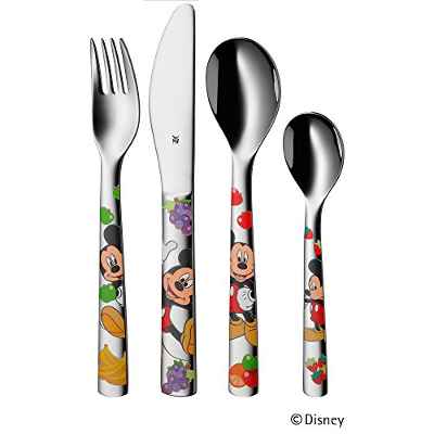 WMF Disney Mickey Mouse - Cubertería para niños 4 piezas (tenedor, cuchillo de mesa, cuchara y cuchara pequeña) (WMF Kids infantil)