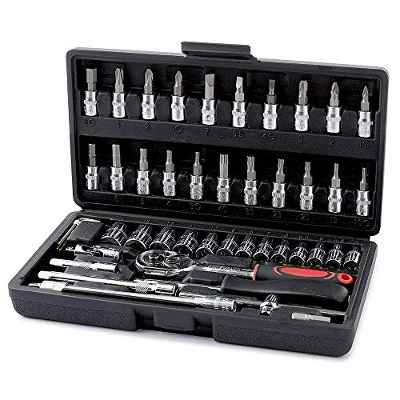 Wopeite Juego de 46 vasos para llave de carraca Acero al cromo vanadio Vasos de carraca Adaptador de 1/4" Portapuntas Puntas PH y PZ Maletín