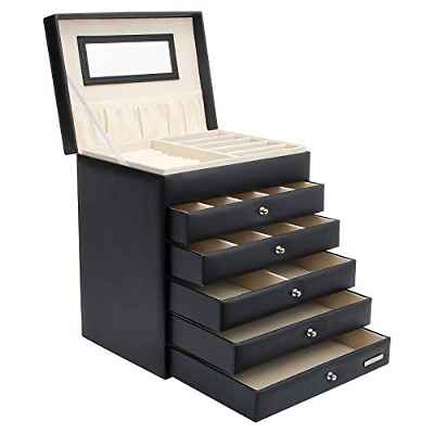 Yorbay Caja de joyería nergo de cuero con 5 cajones, bloqueo y espejo entegrado en la tapa(5 cajones, negro) reutilizable